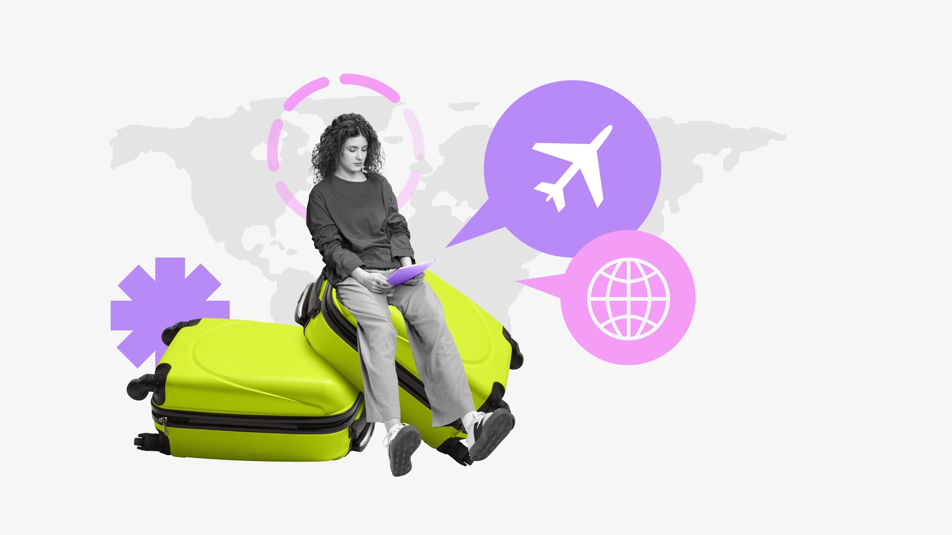 Collage of relaxed female traveler sitting on suitcases with digital travel icons